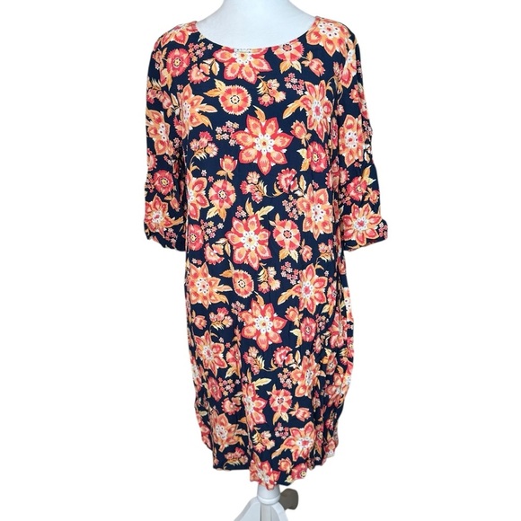 J Jill Floral Shift Dress Size 16 Navy Blue Orange Colorful Flower Cottagecore - Picture 1 of 10